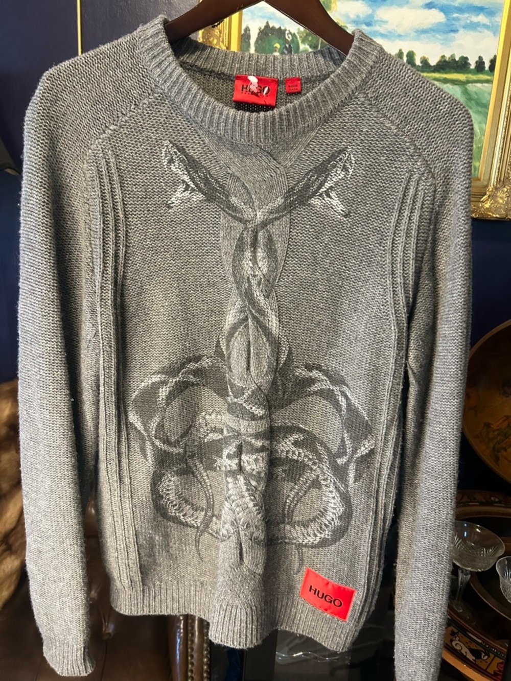 HUGO Gray Crewneck Sweater with Subtle Snake Motif